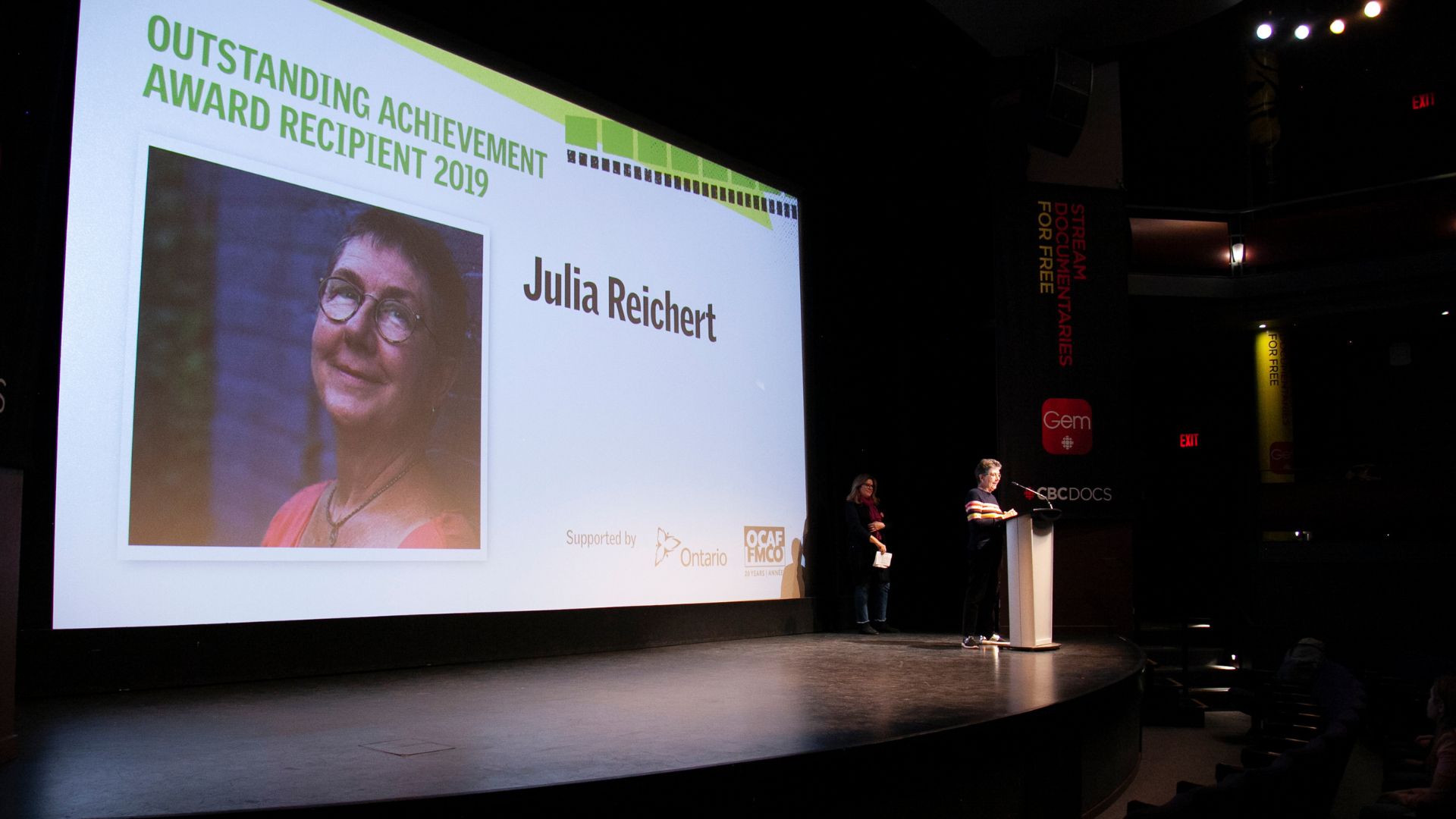 Julia Reichert accepts the Outstanding Achievement Award on-stage at Hot Docs 2019