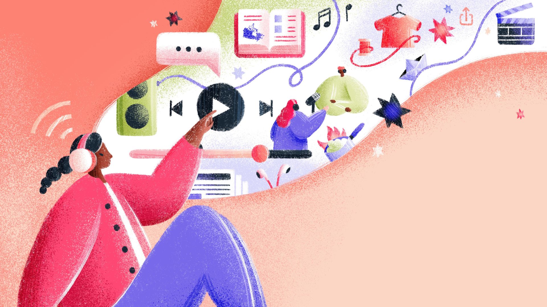 Graphic illustration of a person sitting and reaching towards various podcast related objects floating above them