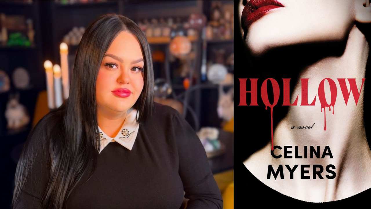 Celina Meyers next to a book cover