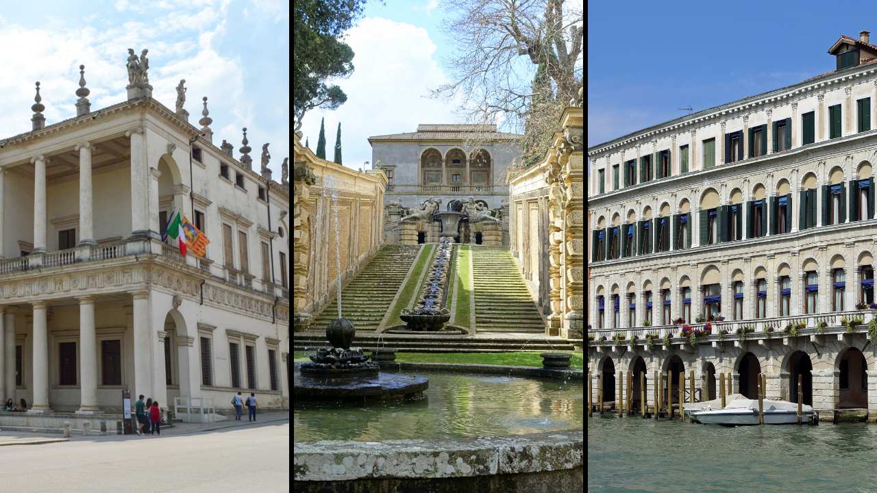 a collage of three buildings in Italy