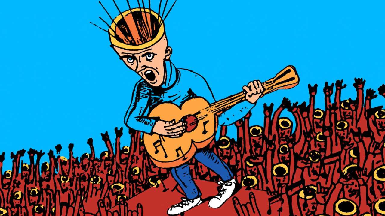 poster art of a man playing guitar in front of a huge crowd of fans