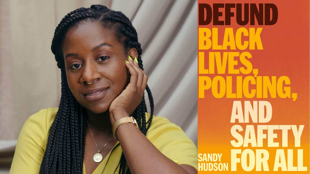 Sandy Hudson next to a book cover